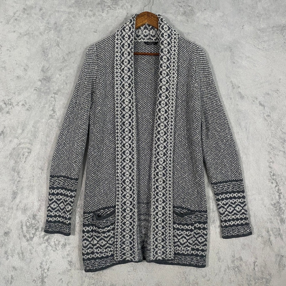 Lucky Brand Cardigan Sz M Gray White Fair Isle Shawl Collar Open Front Nordic